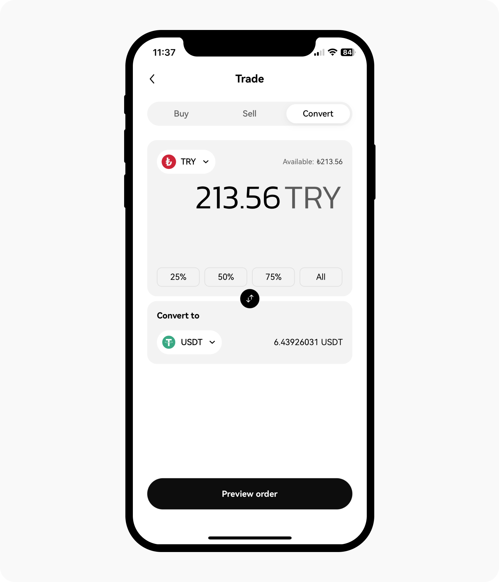 Insert the convert amount on OKX TR app
