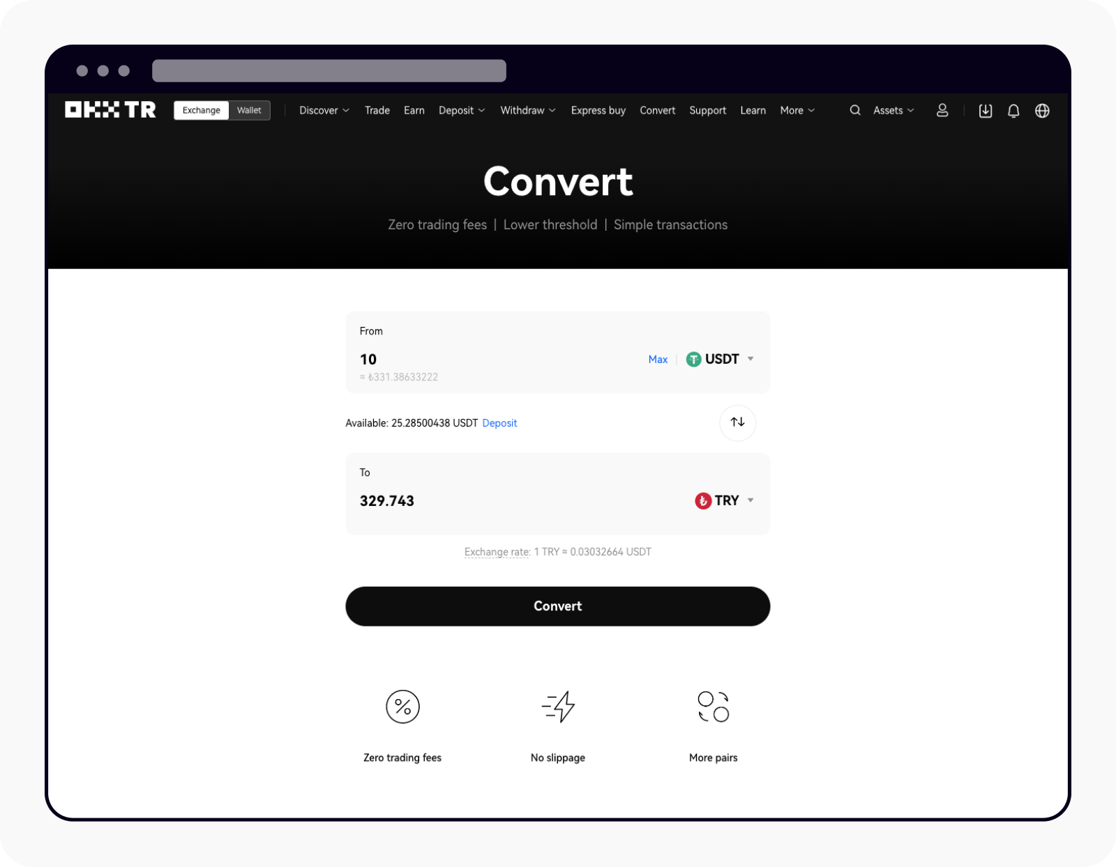 Select preferred crypto and insert convert amount on OKX TR web