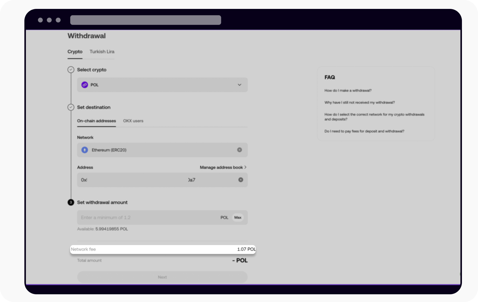 CT-Web-crypto withdraw -TR network fee