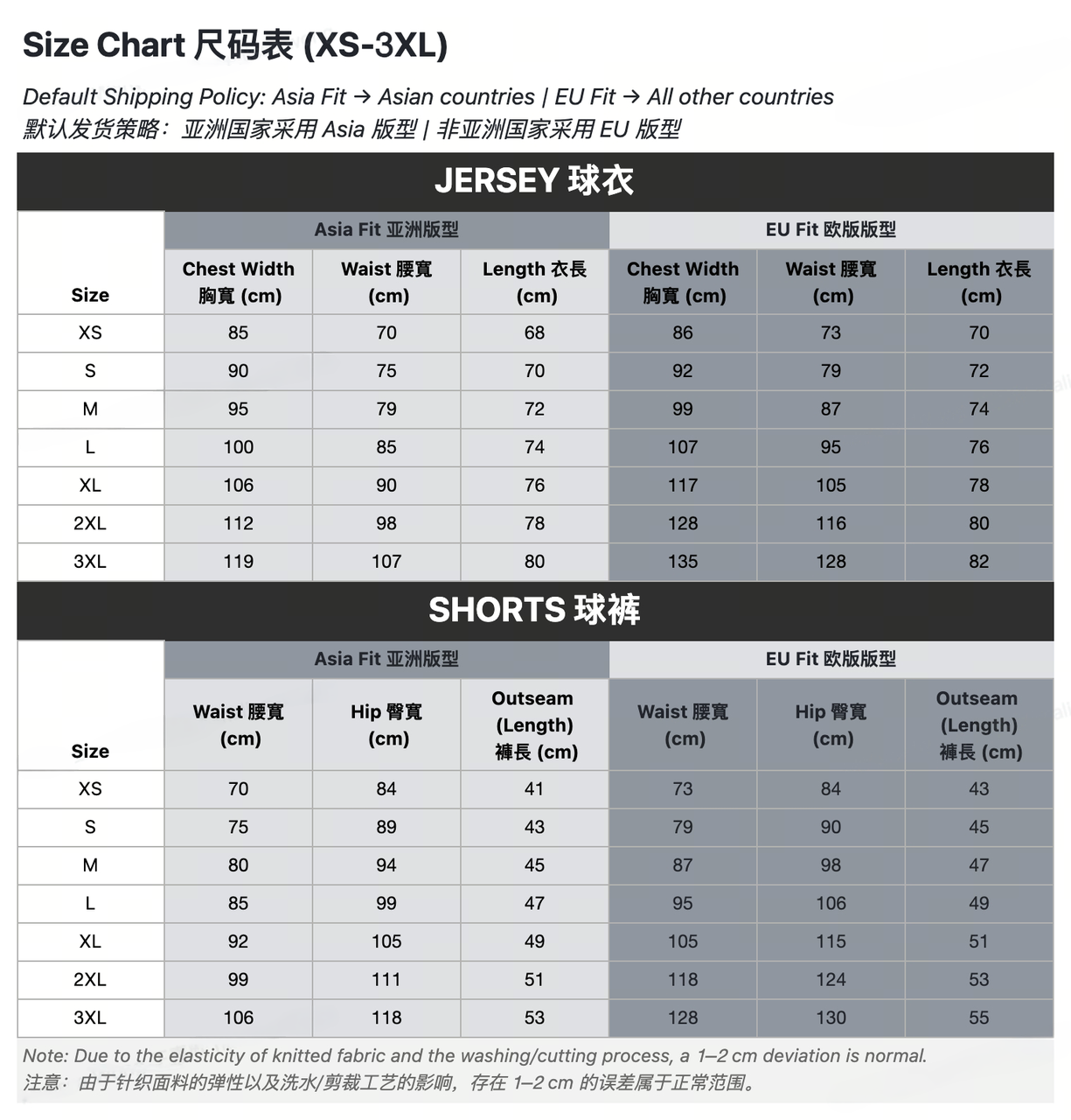 World cup size chart